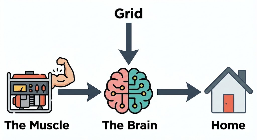 Automatic Transfer Switch (ATS): Automatically monitors utility power, starts the generator, and safely transfers electricity for seamless backup power
