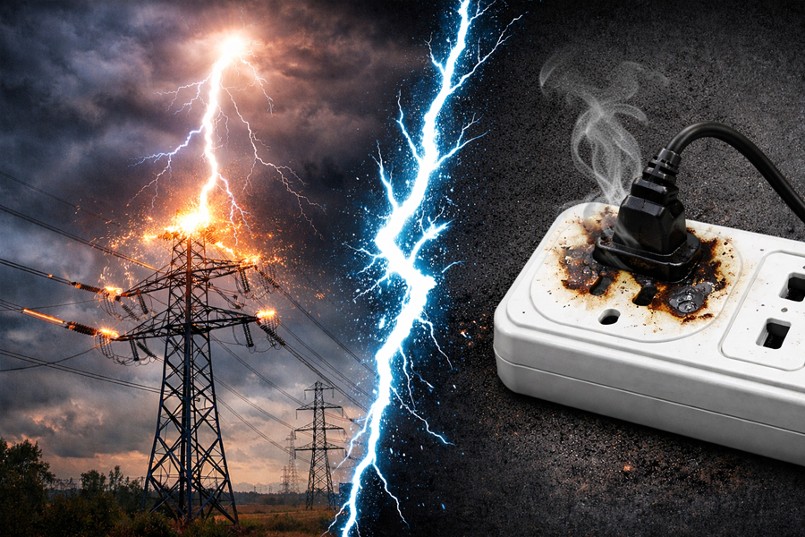 Difference between voltage protector and surge protector hero image showing lightning and digital voltage guard.