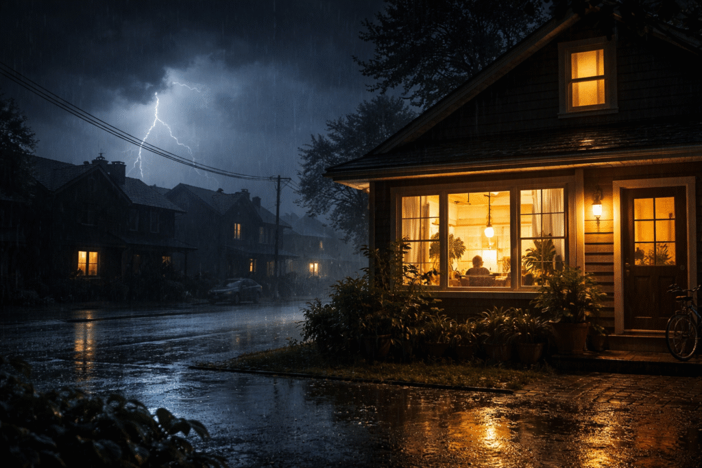 House with lights on during power outage storm automatic transfer switch.