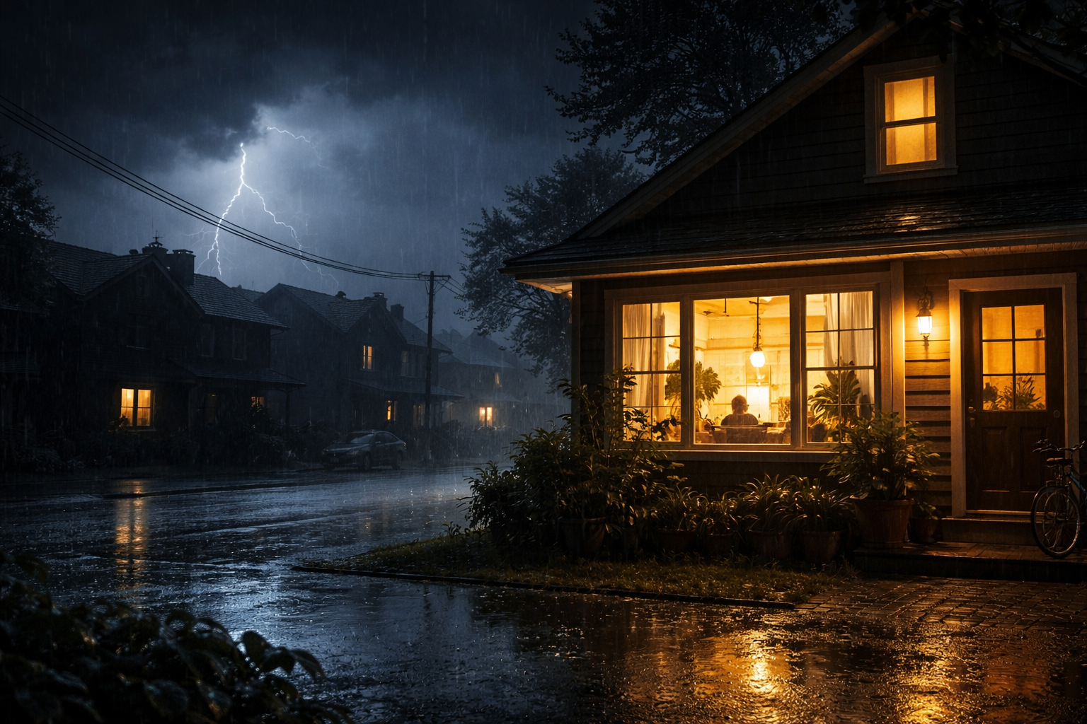 House with lights on during power outage storm automatic transfer switch.