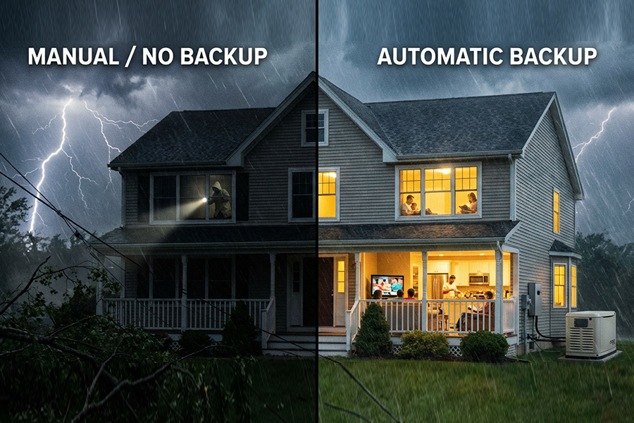 Split-screen-showing-a-dark-home-during-a-power-outage-versus-a-lit-home-with-an-automatic-transfer-switch