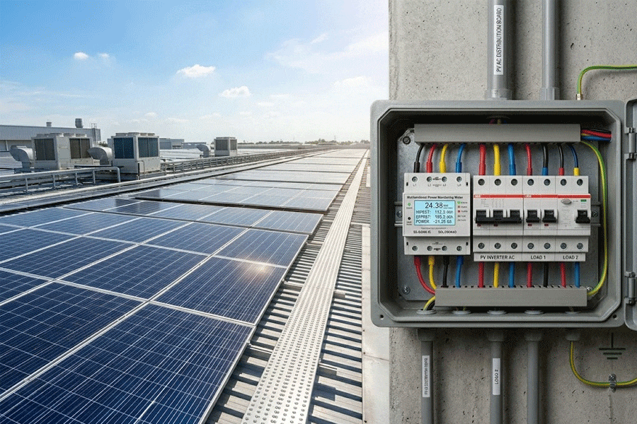 Bi-directional DIN rail energy meter installed in a solar PV distribution box
