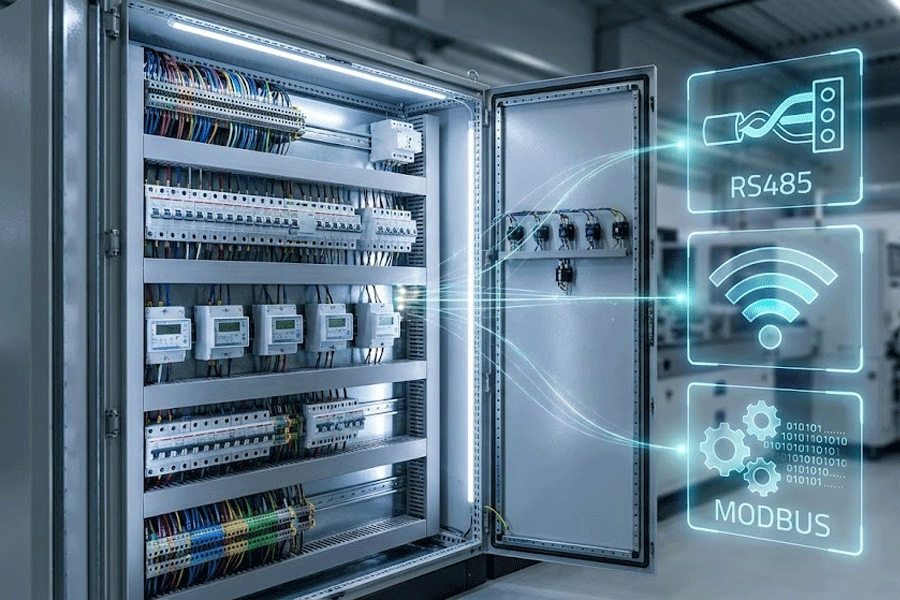 Industrial control panel with DIN rail energy meter comparing Modbus RS485 and WiFi