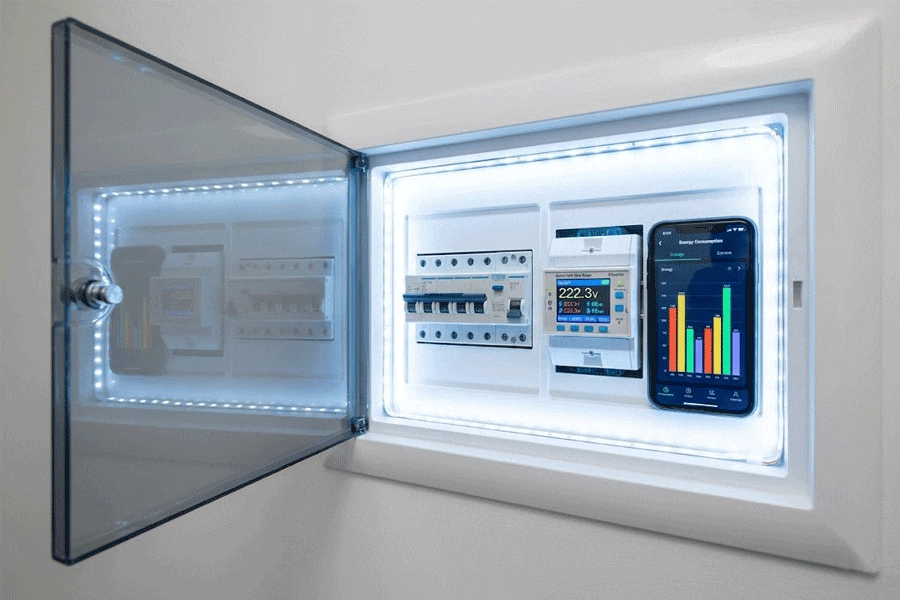 Smart-WiFi-DIN-rail-energy-meter-installed-in-a-home-breaker-box-monitoring-real-time-electricity-usage