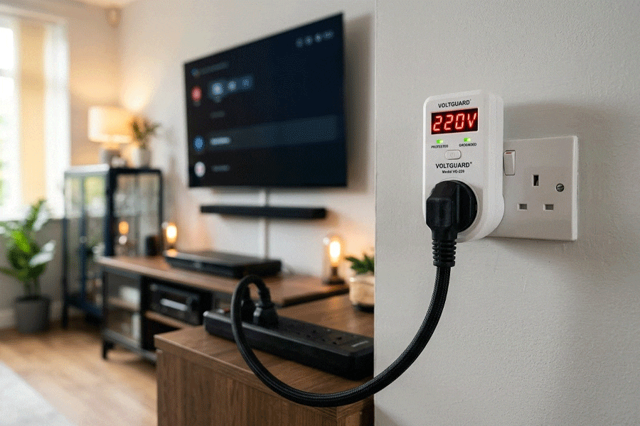 A heavy-duty power strip safely plugged into a 16A digital voltage protector on a wall socket, protecting a home entertainment center.