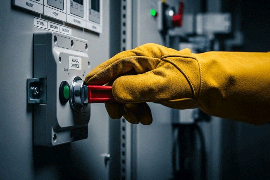 A-professional-electrician-wearing-safety-gloves-safely-using-the-manual-override-handle-on-an-industrial-automatic-transfer-switch.