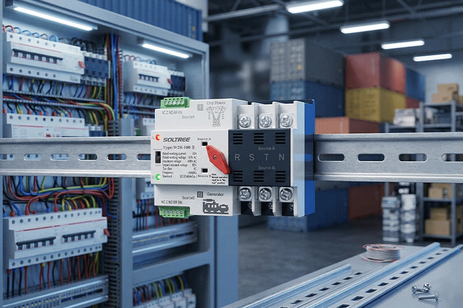 Compact 4-pole DIN-rail automatic transfer switch mounted on a 35mm rail, featuring background of electrical panel and wholesale warehouse.
