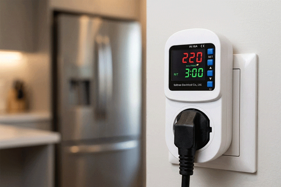 Digital plug-in voltage protector connected to a kitchen refrigerator, preventing compressor damage from power cuts and brownouts.