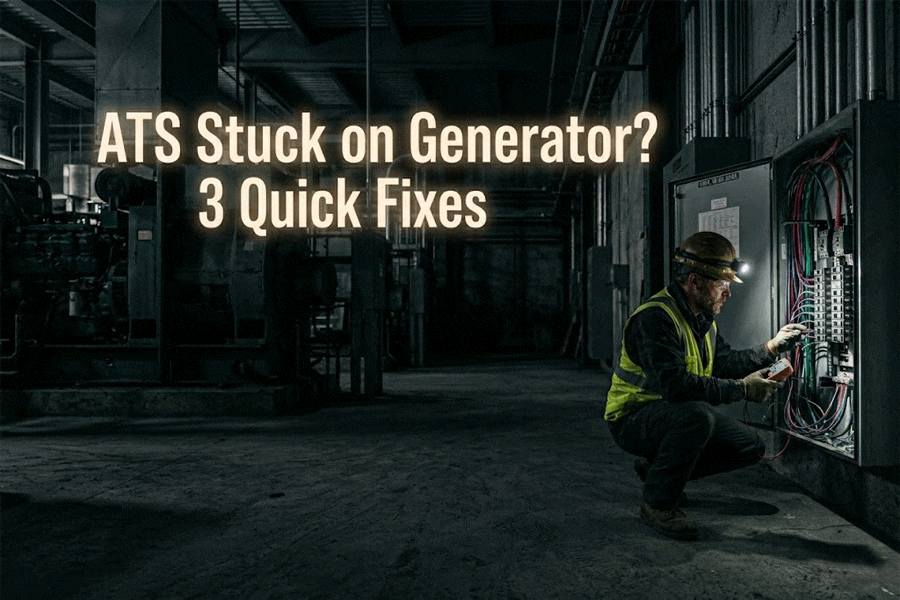 Electrician troubleshooting an automatic transfer switch stuck on generator power