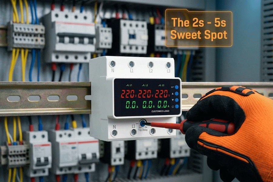 Engineer setting trip delay on adjustable 3 phase voltage protector to prevent nuisance tripping