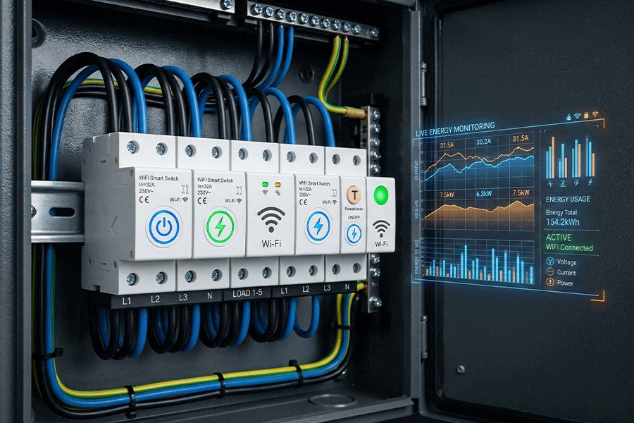 Industrial distribution box featuring DIN rail mounted WiFi circuit breakers with smart energy monitoring dashboard
