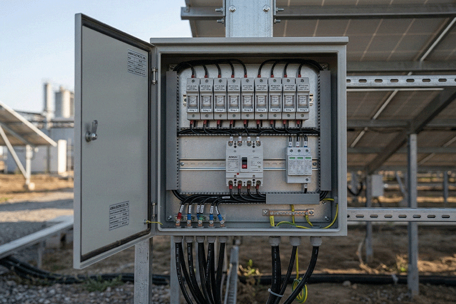Inside a 1000V DC solar PV combiner box with DIN rail fuse holders