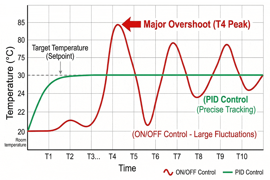 PID vs ON/OFF temperature control overshoot graph