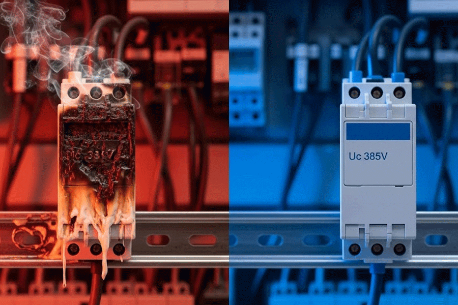 Split-screen comparison of a burnt surge protector experiencing thermal runaway versus a safe, heavy-duty Uc 385V industrial AC SPD