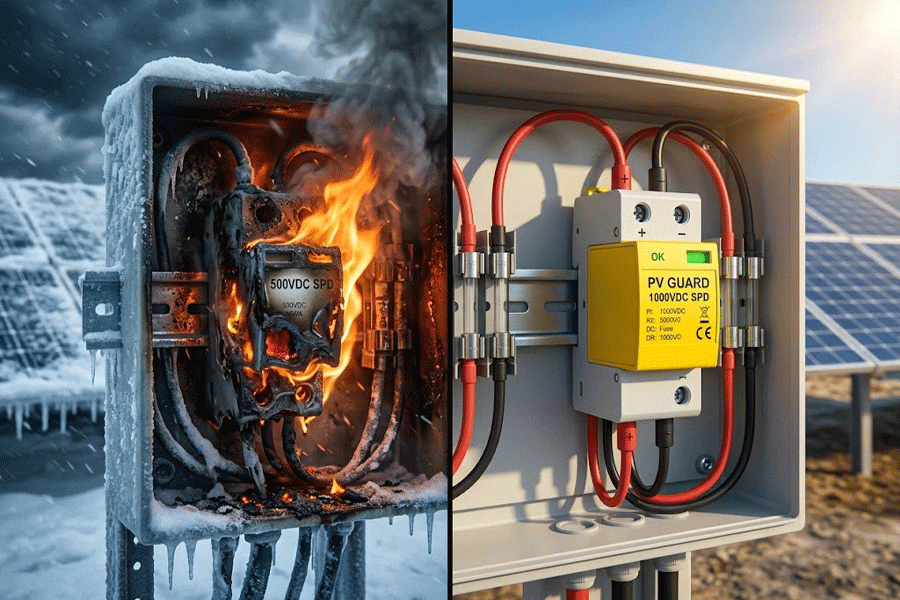 Understanding the difference between 500VDC and 1000VDC Solar SPDs to prevent cold weather thermal runaway in PV Combiner Boxes.