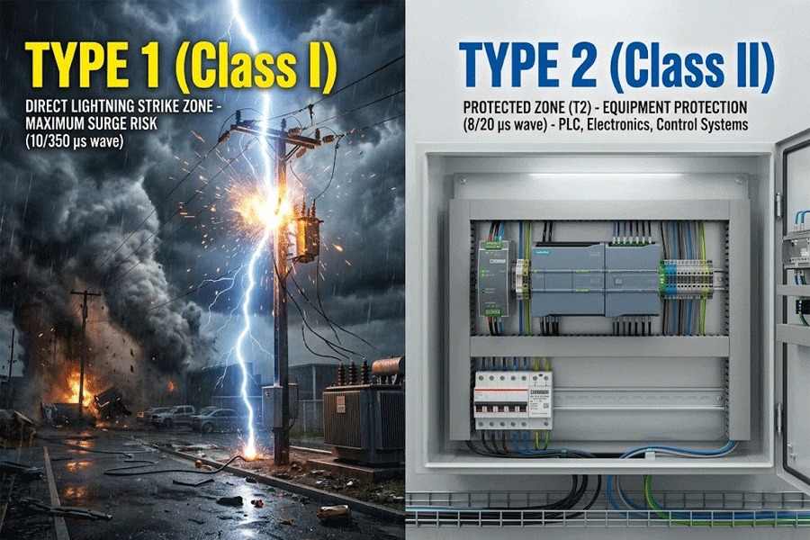 Visual guide showing Type 1 SPDs for maximum surge risk from direct lightning strikes versus Type 2 SPDs for protecting PLCs and sensitive electronics.