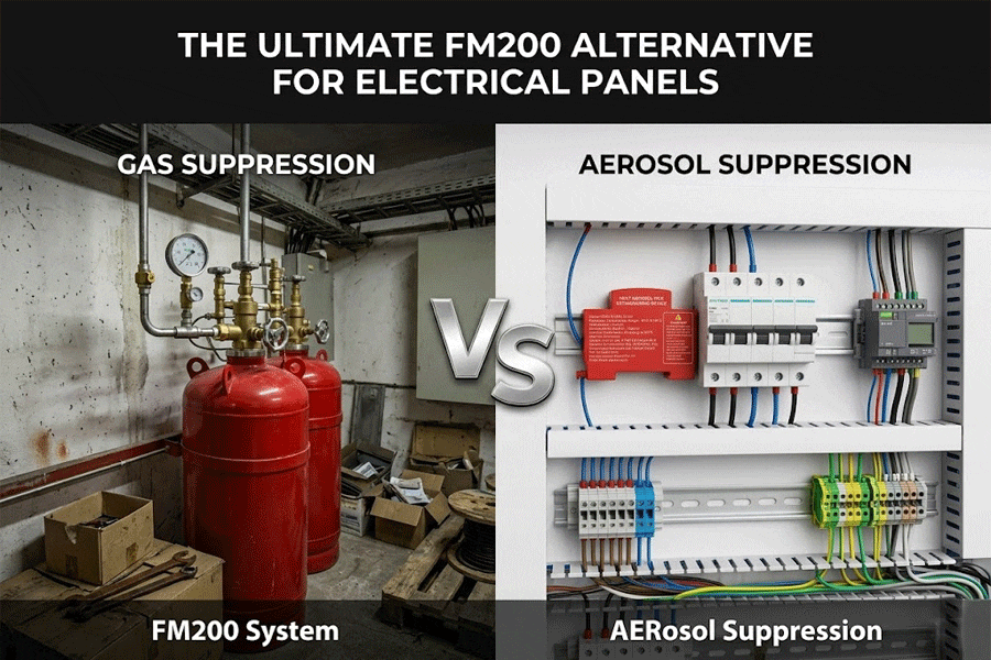 Comparison of aerosol vs gas fire suppression showing a compact DIN-rail module as the best FM200 alternative for cabinets.