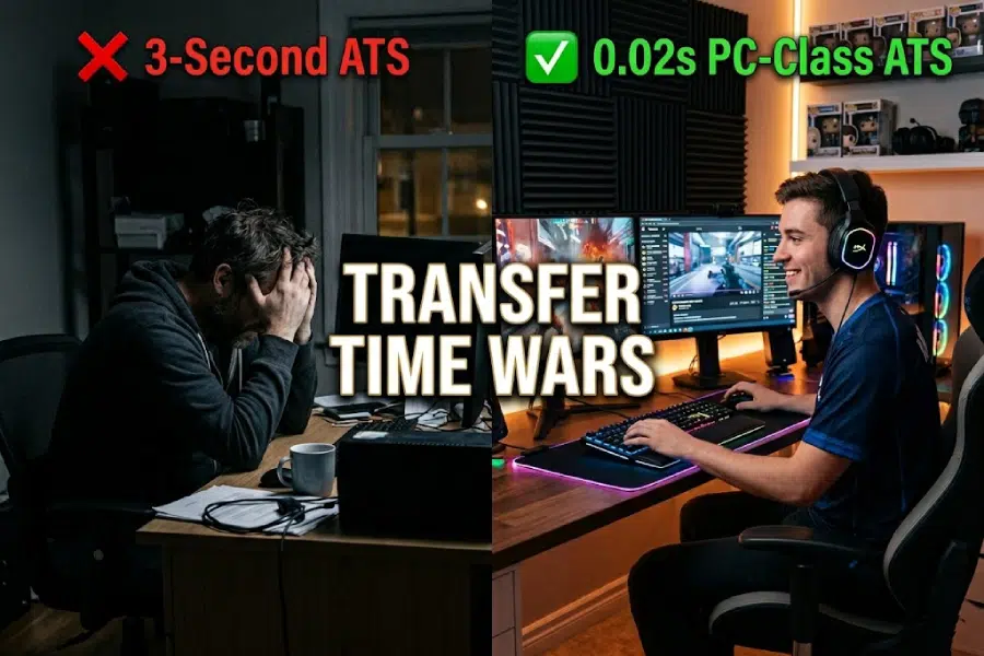 Split screen comparison: A frustrated home office worker experiencing a computer reboot and dropped internet during a slow 3-second power transfer, versus a calm gamer enjoying seamless, uninterrupted power thanks to a 0.02s PC-class automatic transfer switch.